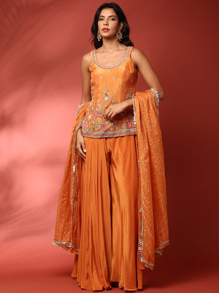 Burnt orange hand embroidered three piece palazzo set