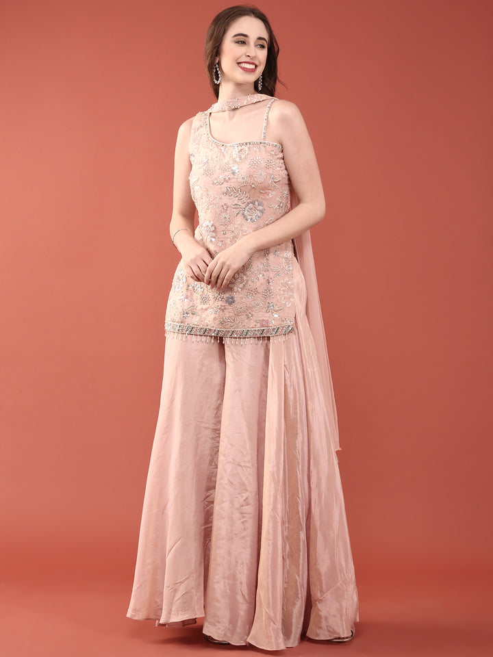 Peach Tissue Hand Embroidery Palazzo Set