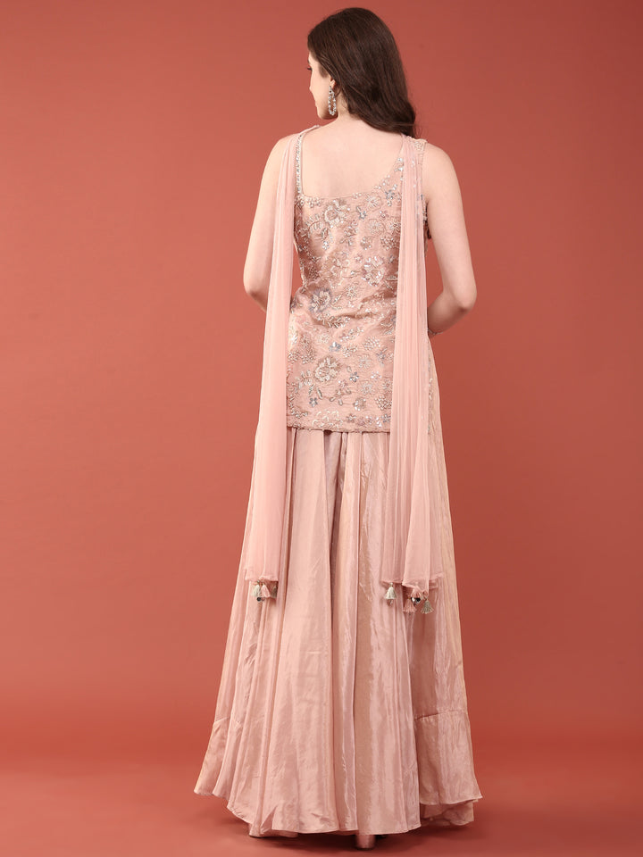 Peach Tissue Hand Embroidery Palazzo Set