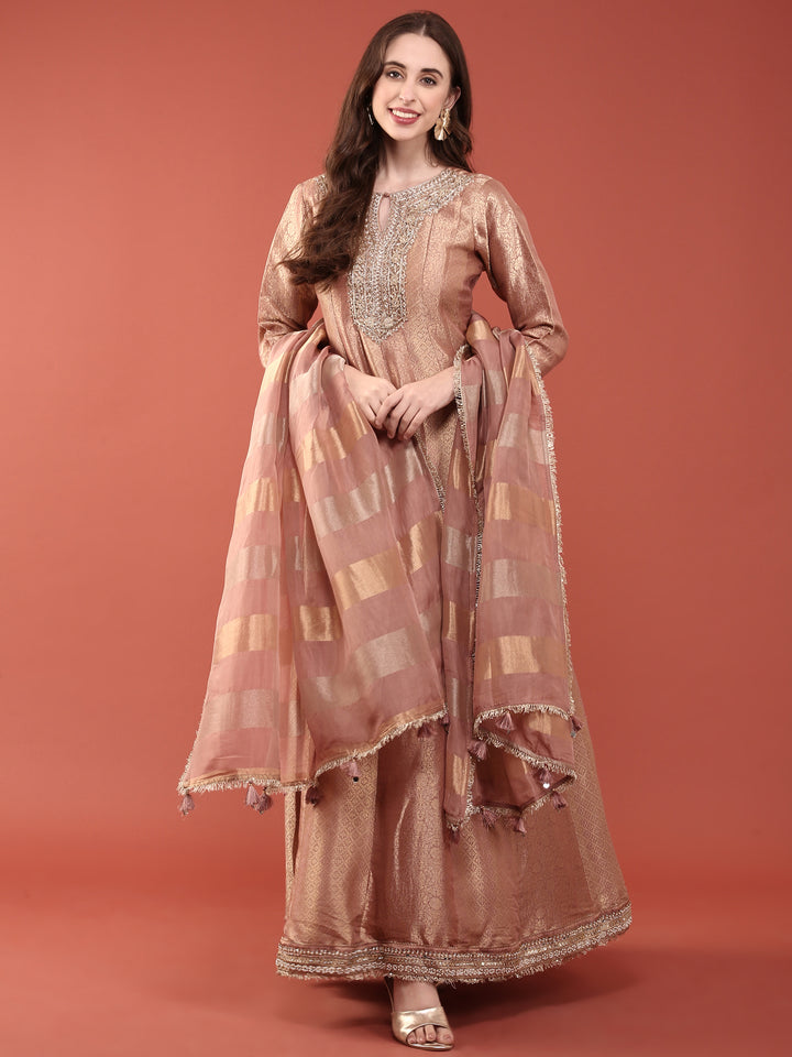 Onion Pink Banaras Silk Heavy Zari Embroidered Anarkali Set