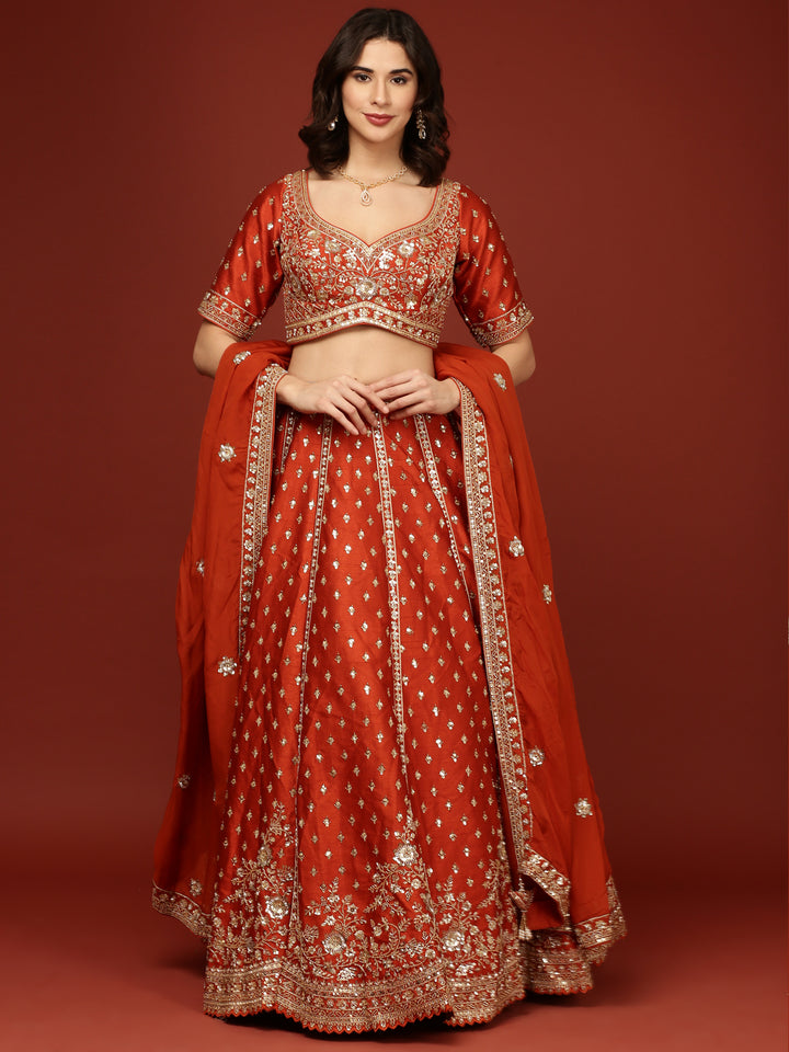 Rust Silk Hand Embroidery Floral Motifs Ghagra Set