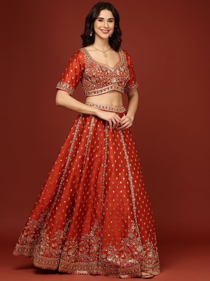 Rust Silk Hand Embroidery Floral Motifs Ghagra Set