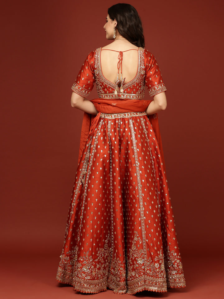 Rust Silk Hand Embroidery Floral Motifs Ghagra Set