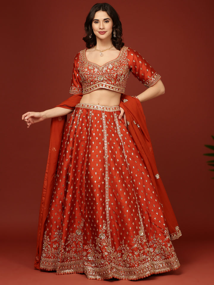 Rust Silk Hand Embroidery Floral Motifs Ghagra Set