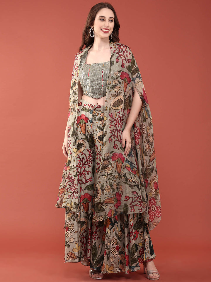 Green Silk Heavy Sequence Embroidery Crop Top With Palazzo