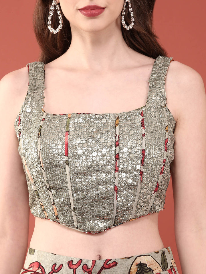 Green Silk Heavy Sequence Embroidery Crop Top With Palazzo