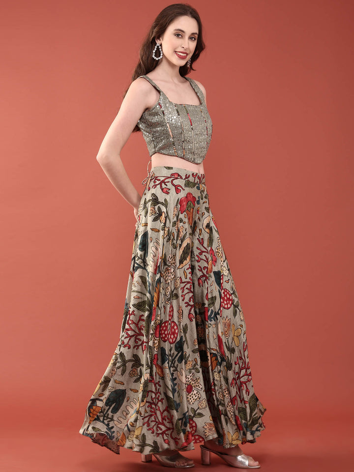 Green Silk Heavy Sequence Embroidery Crop Top With Palazzo