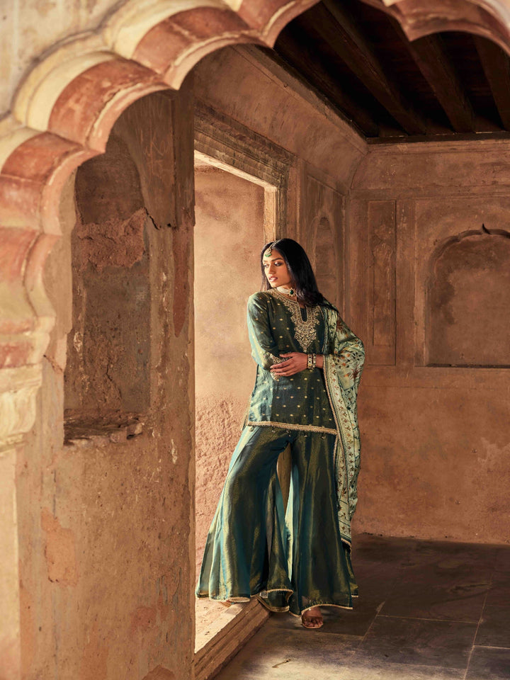 Neerus Green Embroidery Tissue Fabric Kurti and Palazzo with Dupatta