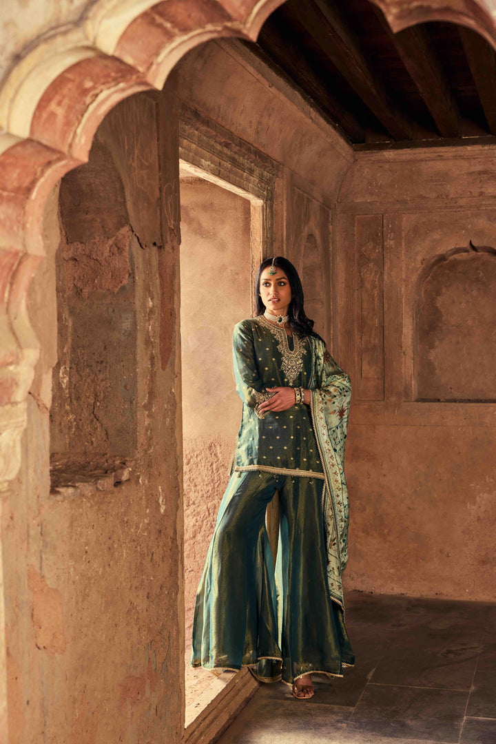 Neerus Green Embroidery Tissue Fabric Kurti and Palazzo with Dupatta