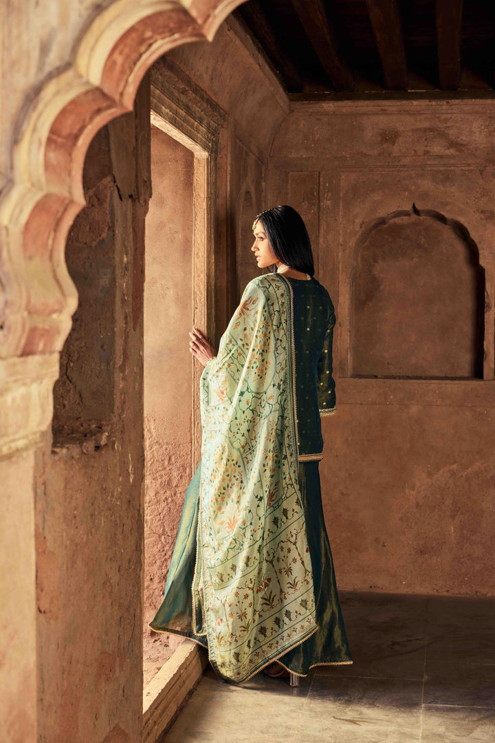Neerus Green Embroidery Tissue Fabric Kurti and Palazzo with Dupatta