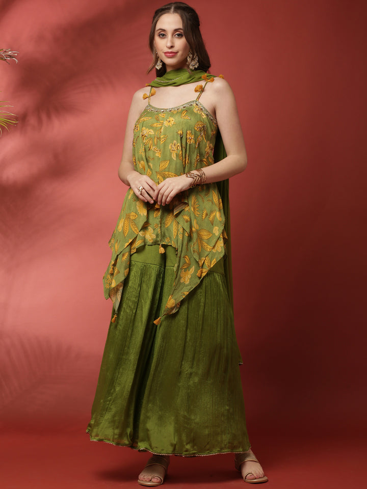 Green Geogrette Printed Peplum Palazoo Set With Spaghetti