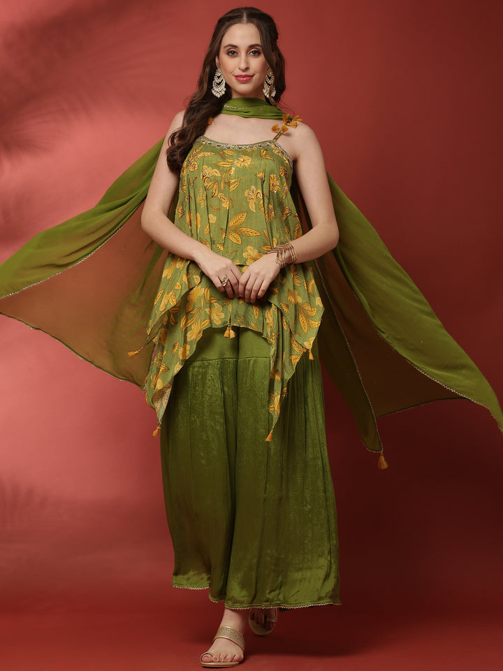 Green Geogrette Printed Peplum Palazoo Set With Spaghetti