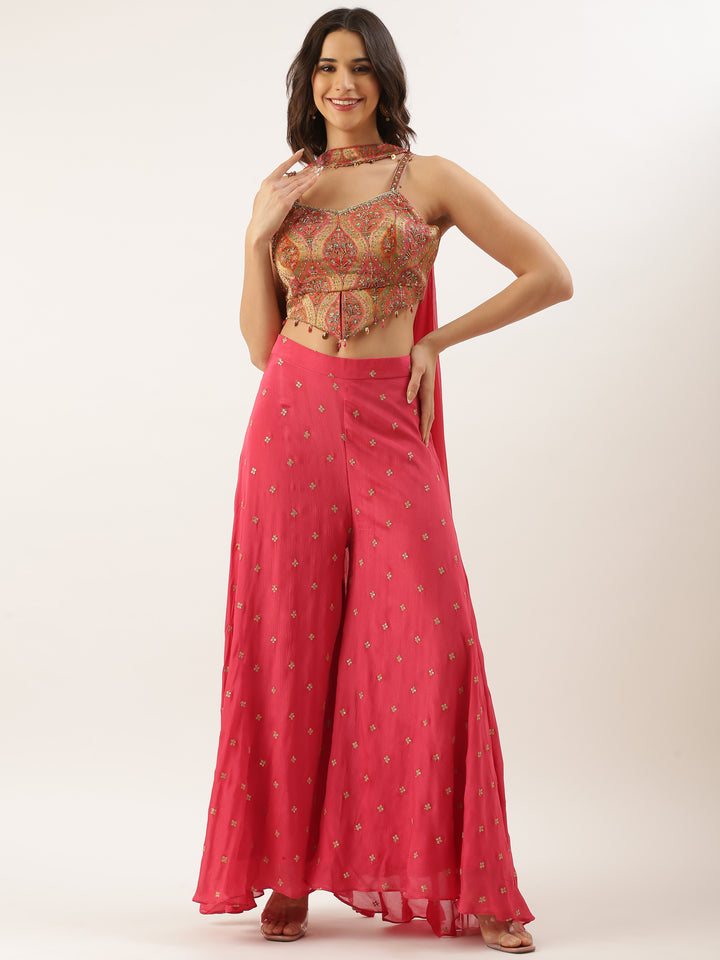 Pink Chinon Crop Top Palazzo Set