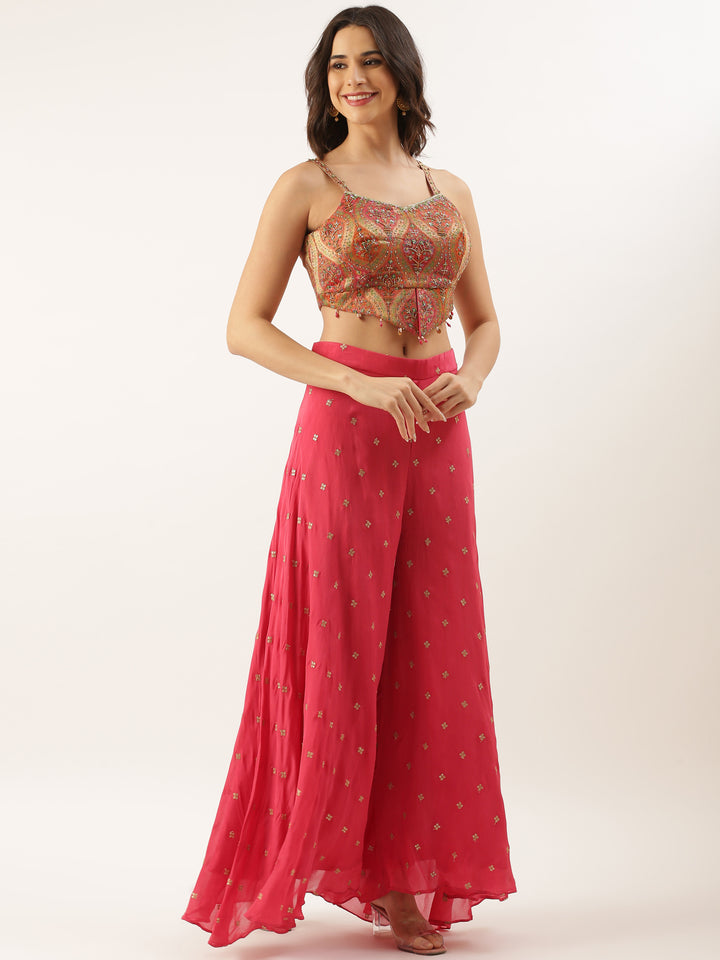 Pink Chinon Crop Top Palazzo Set