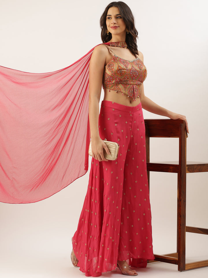 Pink Chinon Crop Top Palazzo Set