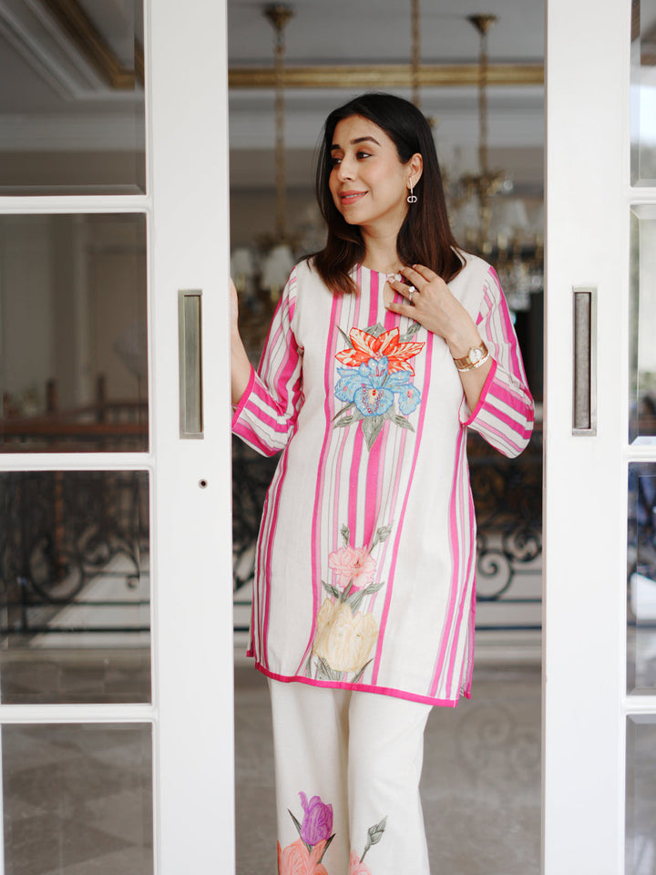 Neerus Off White Casual Embroidered Kurti and Trouser