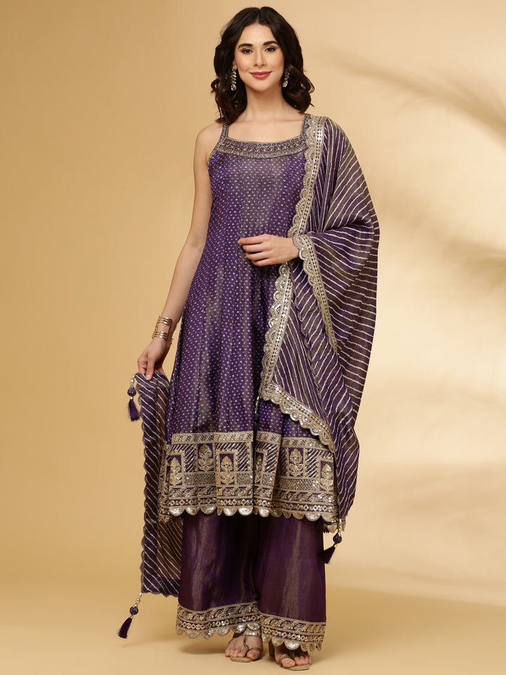 Purple Tissue Hand Embroidered Anarkali Set