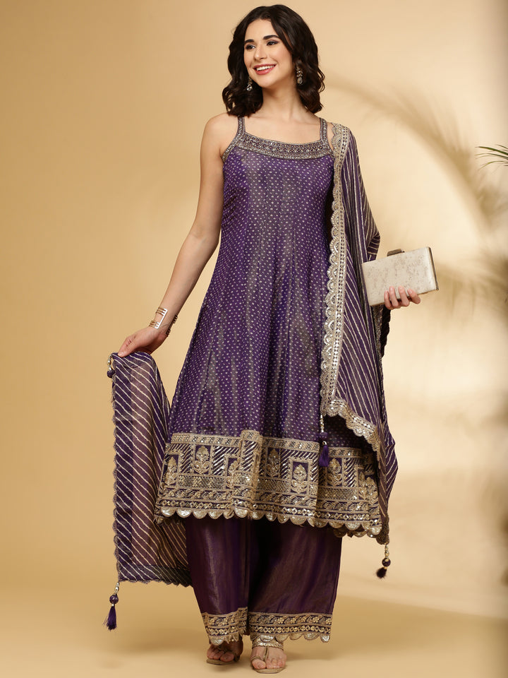 Purple Tissue Hand Embroidered Anarkali Set