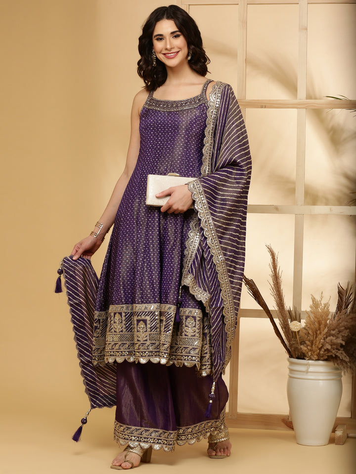 Purple Tissue Hand Embroidered Anarkali Set