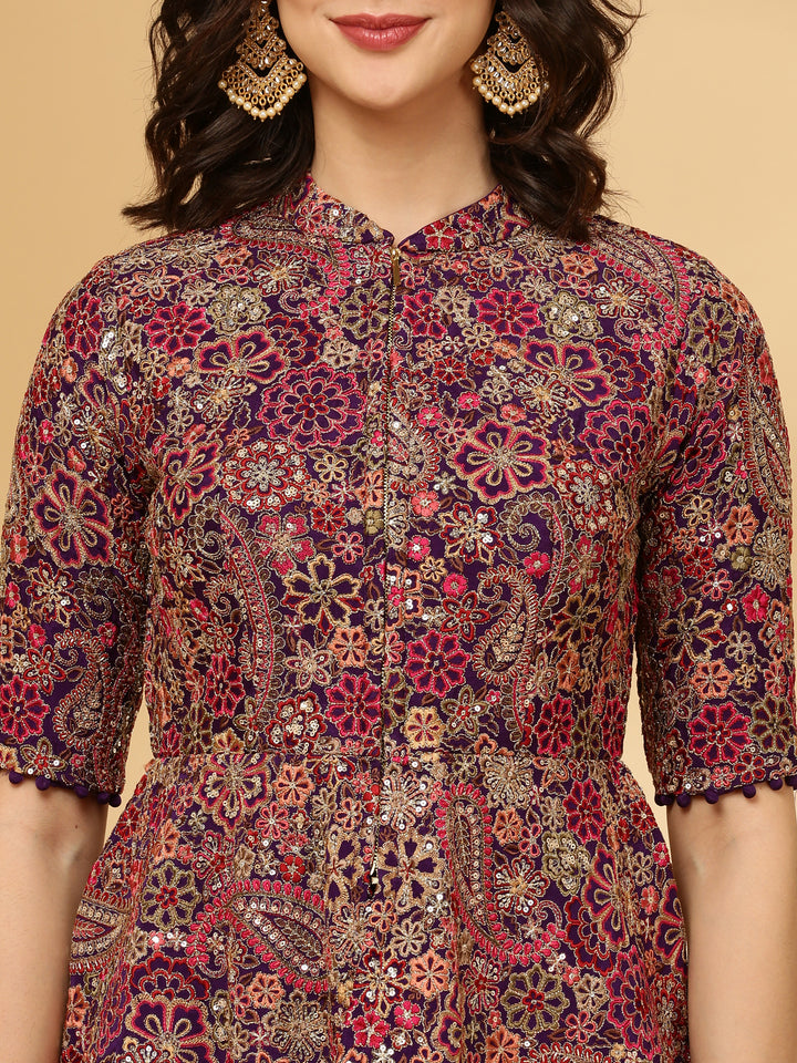 Purple Georgette Hand Embroidery Crop Top Palazzo Set