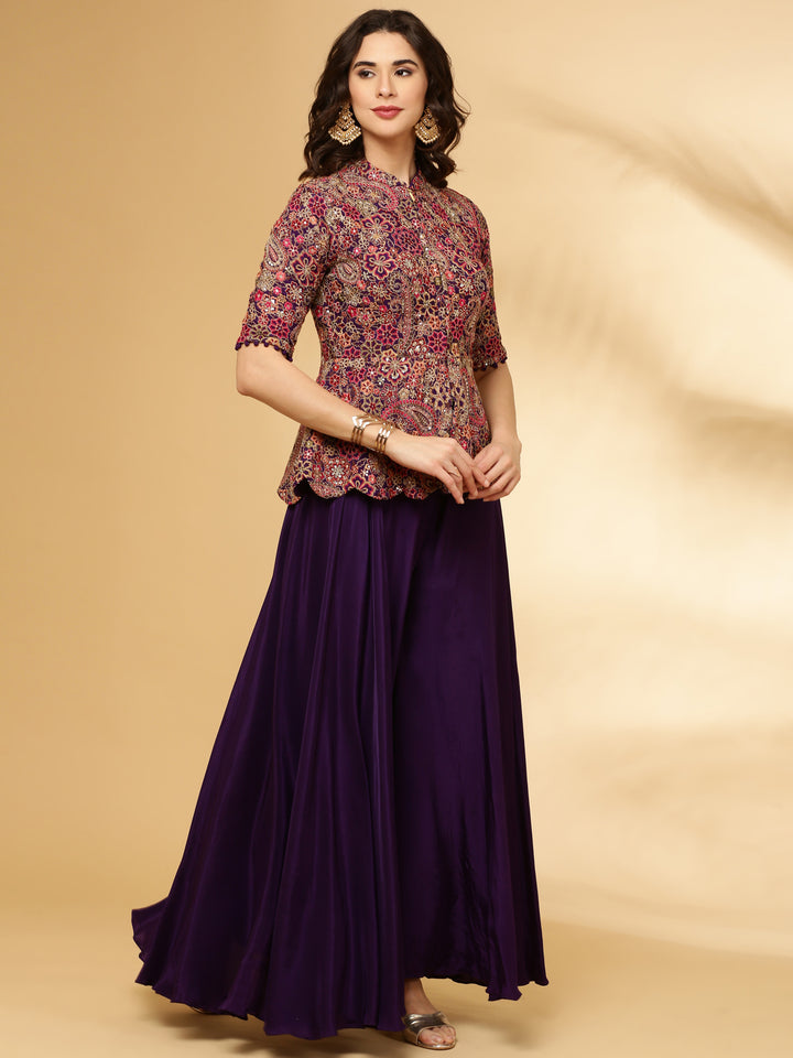 Purple Georgette Hand Embroidery Crop Top Palazzo Set