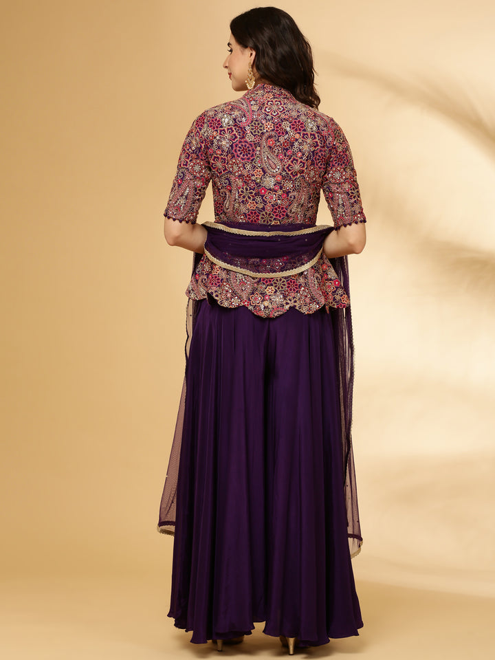 Purple Georgette Hand Embroidery Crop Top Palazzo Set