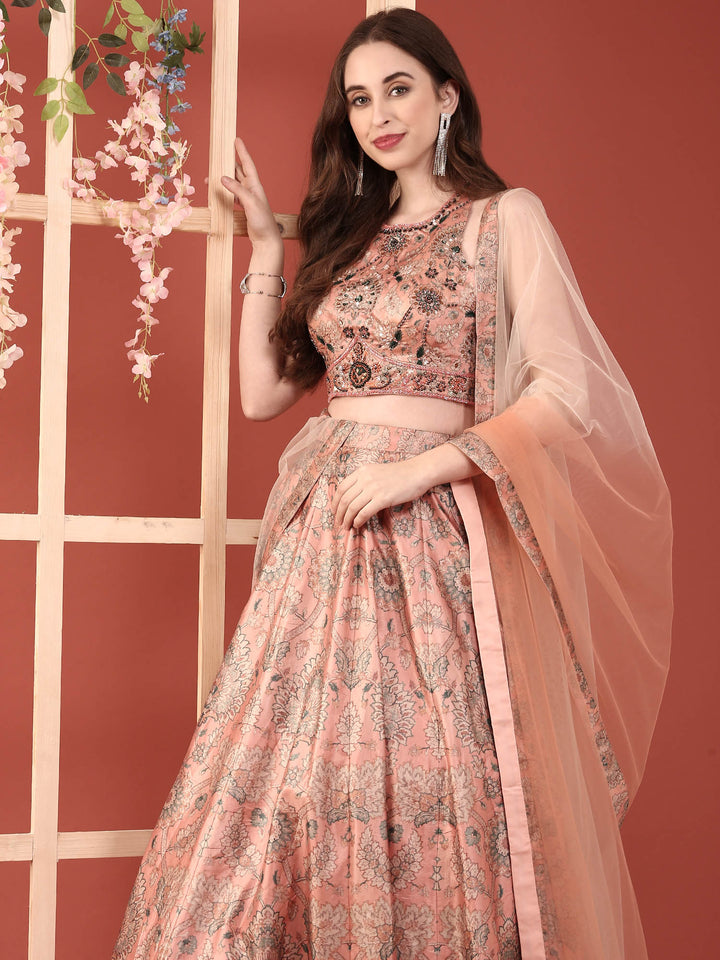 Peach Silk With Beads And Digital Print Ghagra Set