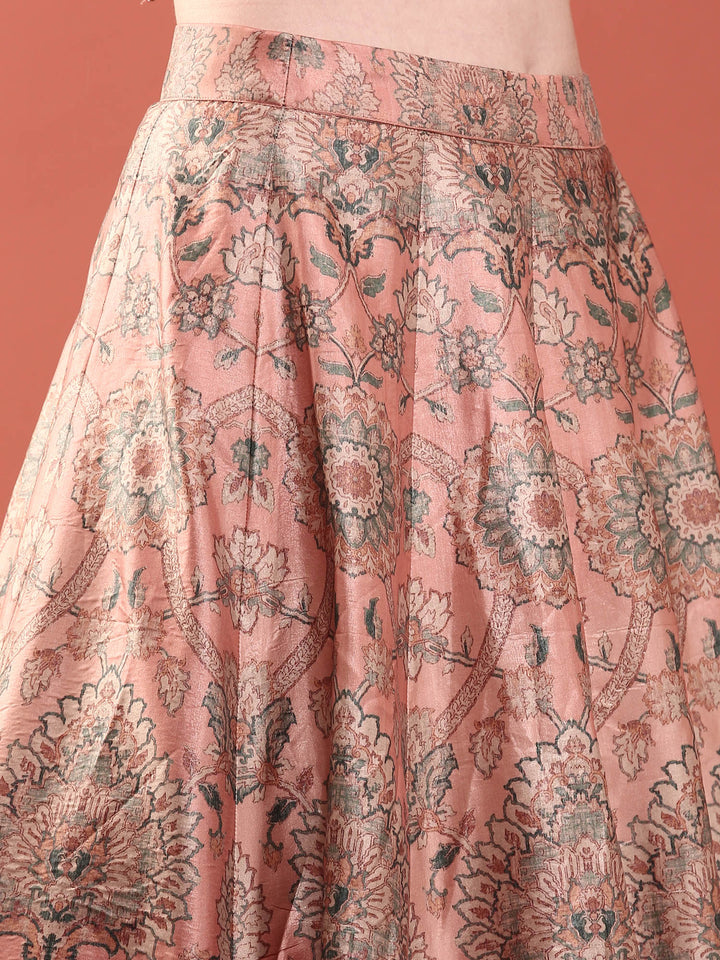 Peach Silk With Beads And Digital Print Ghagra Set