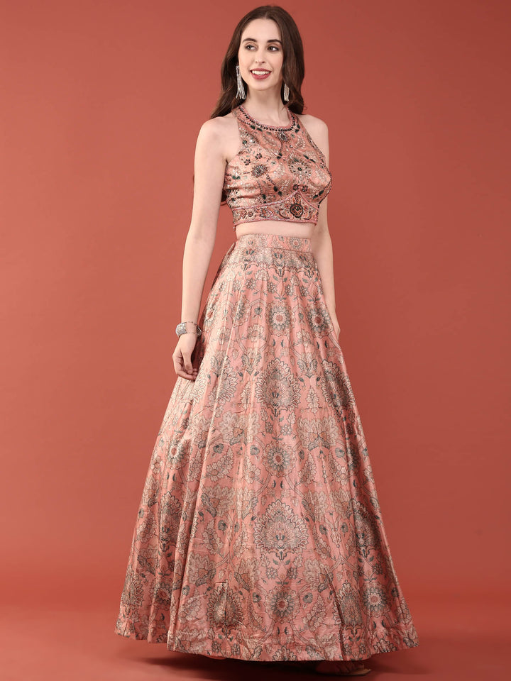 Peach Silk With Beads And Digital Print Ghagra Set