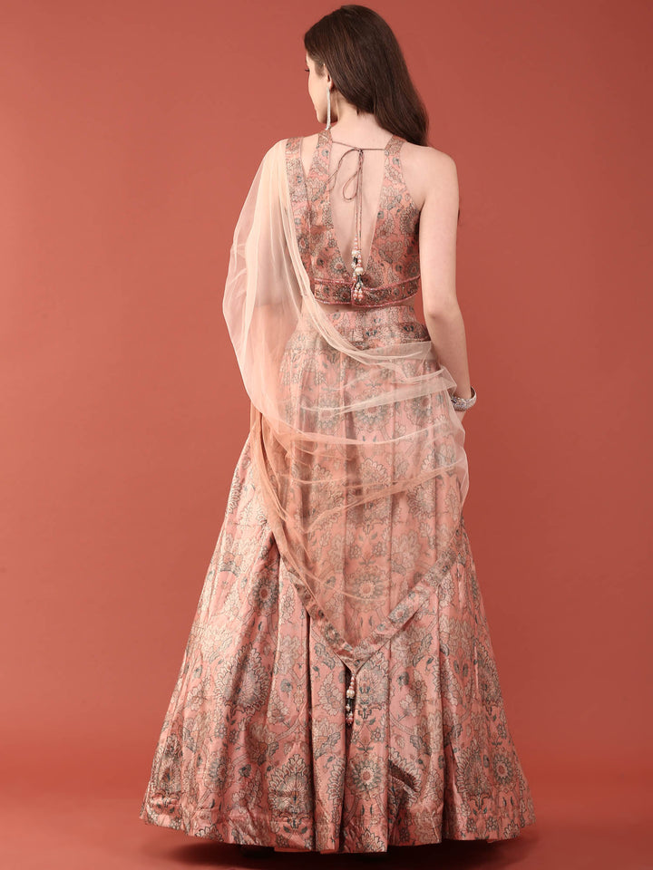 Peach Silk With Beads And Digital Print Ghagra Set