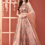 Peach Silk With Beads And Digital Print Ghagra Set