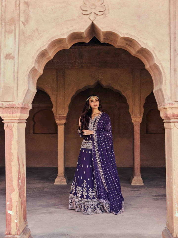 Neerus Purple Embroidery and Sequence Work Silk Fabric Top and Skirt With Dupatta