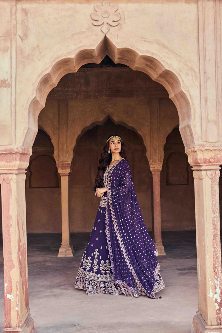 Neerus Purple Embroidery and Sequence Work Silk Fabric Top and Skirt With Dupatta