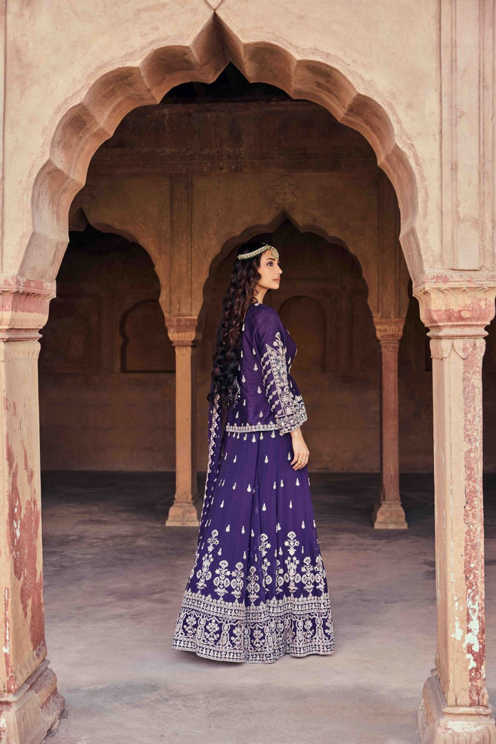 Neerus Purple Embroidery and Sequence Work Silk Fabric Top and Skirt With Dupatta