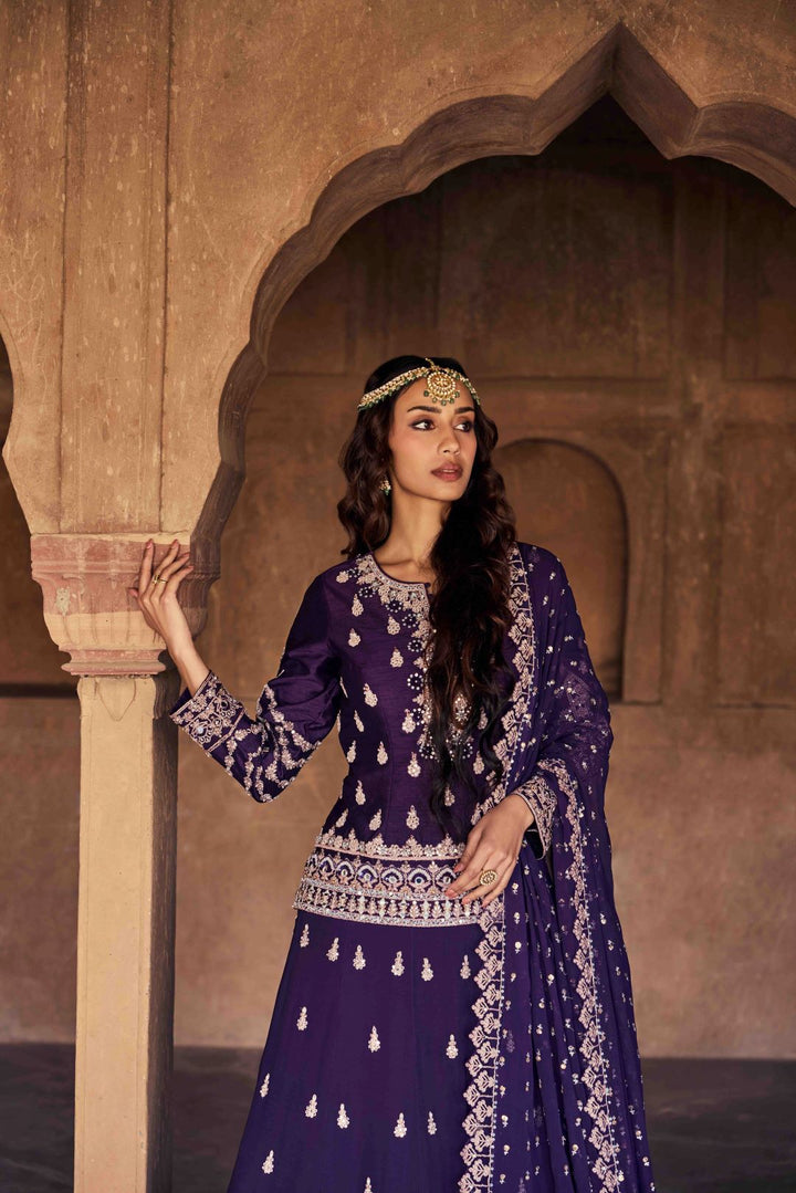 Neerus Purple Embroidery and Sequence Work Silk Fabric Top and Skirt With Dupatta