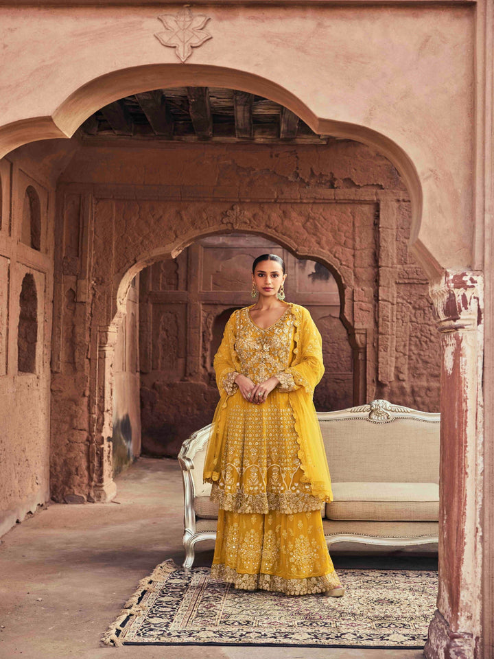 Neerus Yellow Embroidery Georgette Fabric Kurta and Palazzo with Dupatta