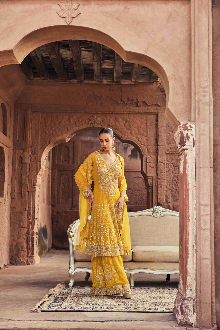 Neerus Yellow Embroidery Georgette Fabric Kurta and Palazzo with Dupatta