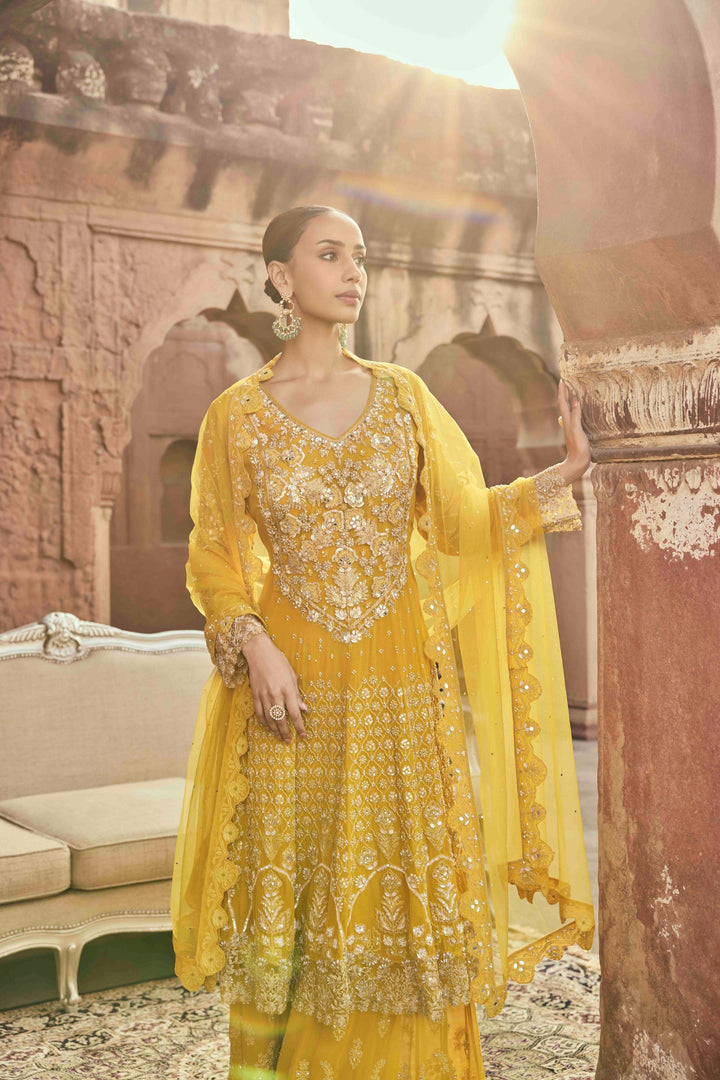 Neerus Yellow Embroidery Georgette Fabric Kurta and Palazzo with Dupatta