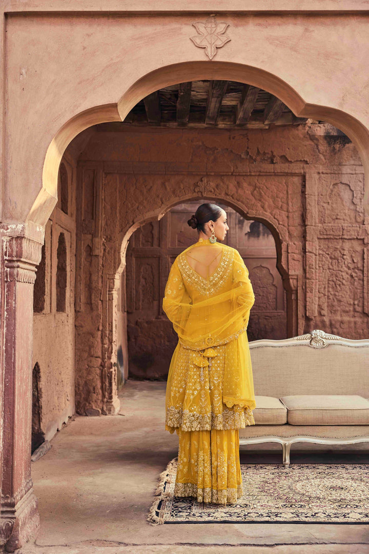Neerus Yellow Embroidery Georgette Fabric Kurta and Palazzo with Dupatta
