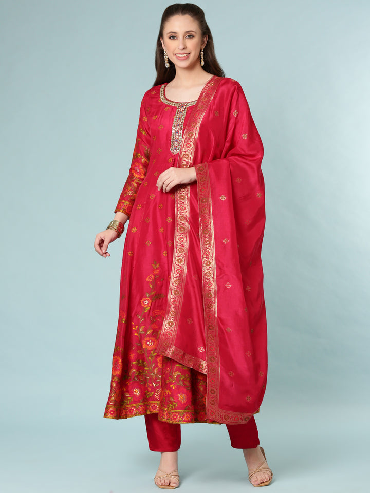 Pink Vichitra Silk Anarkali Set