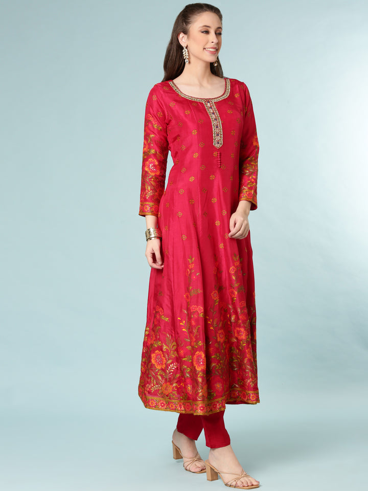 Pink Vichitra Silk Anarkali Set