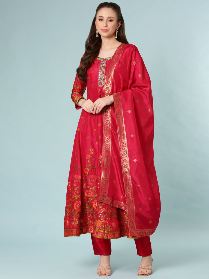 Pink Vichitra Silk Anarkali Set