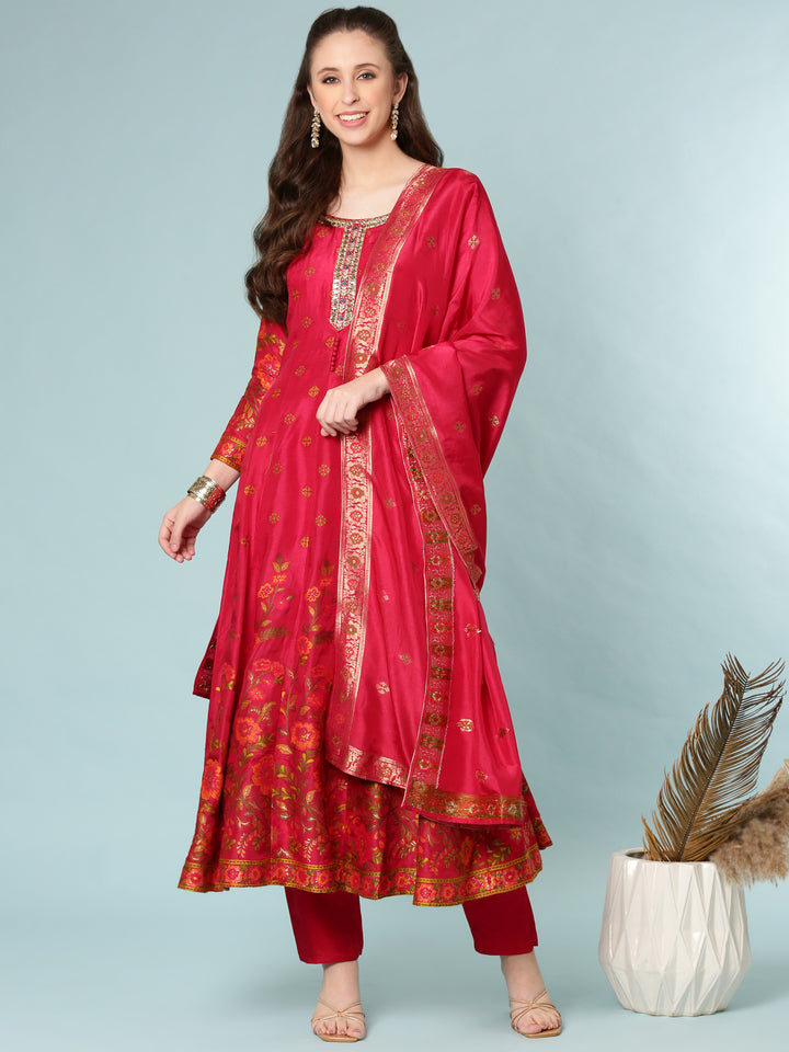 Pink Vichitra Silk Anarkali Set