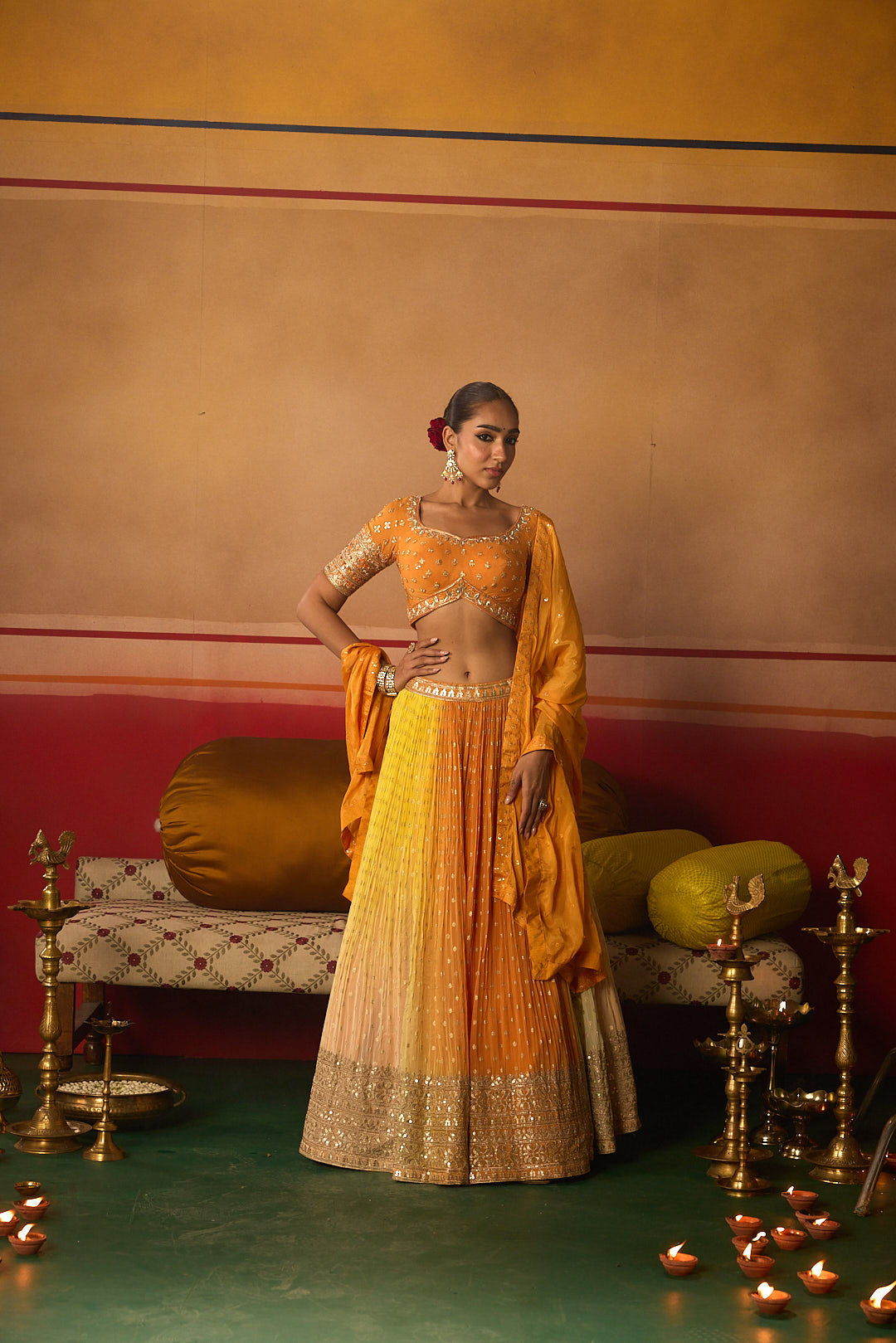 Neerus Orange Embroidery work georgette fabric ghagra set