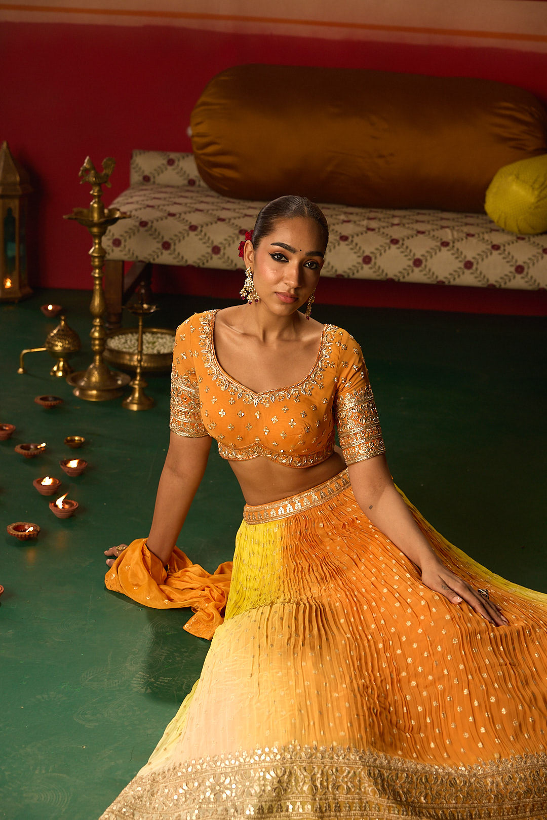 Neerus Orange Embroidery work georgette fabric ghagra set