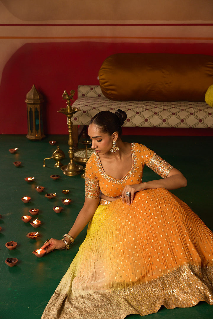 Neerus Orange Embroidery work georgette fabric ghagra set