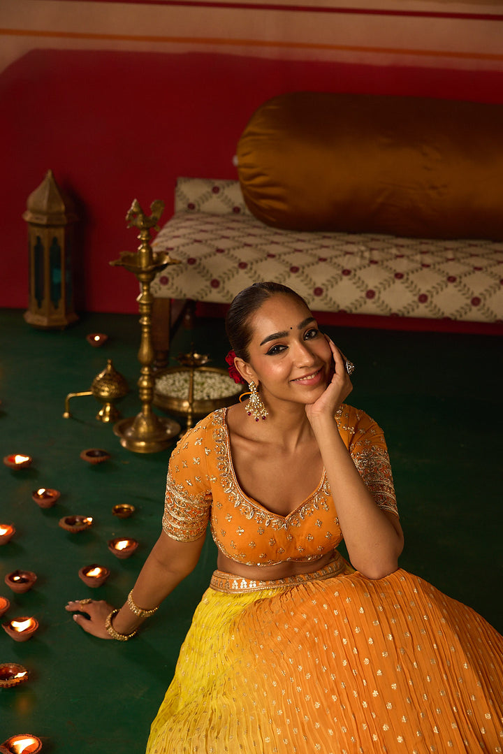 Neerus Orange Embroidery work georgette fabric ghagra set