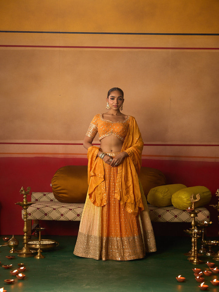 Neerus Orange Embroidery work georgette fabric ghagra set