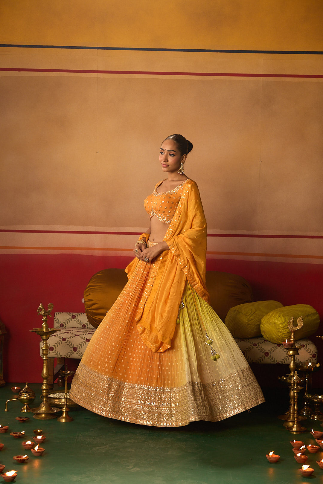 Neerus Orange Embroidery work georgette fabric ghagra set