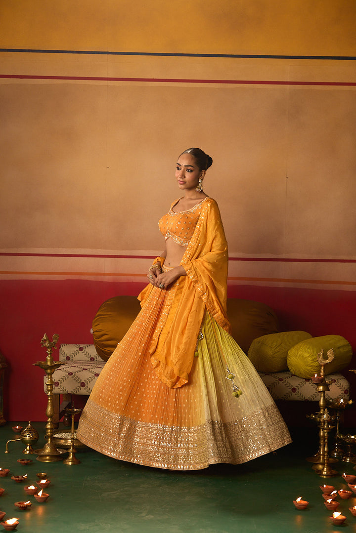 Neerus Orange Embroidery work georgette fabric ghagra set